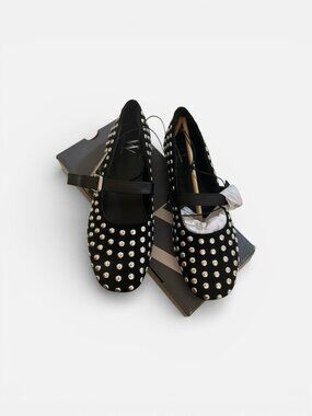 Worthington Dazie Black Mary Jane Silver Studded Flats Women Size 7 M